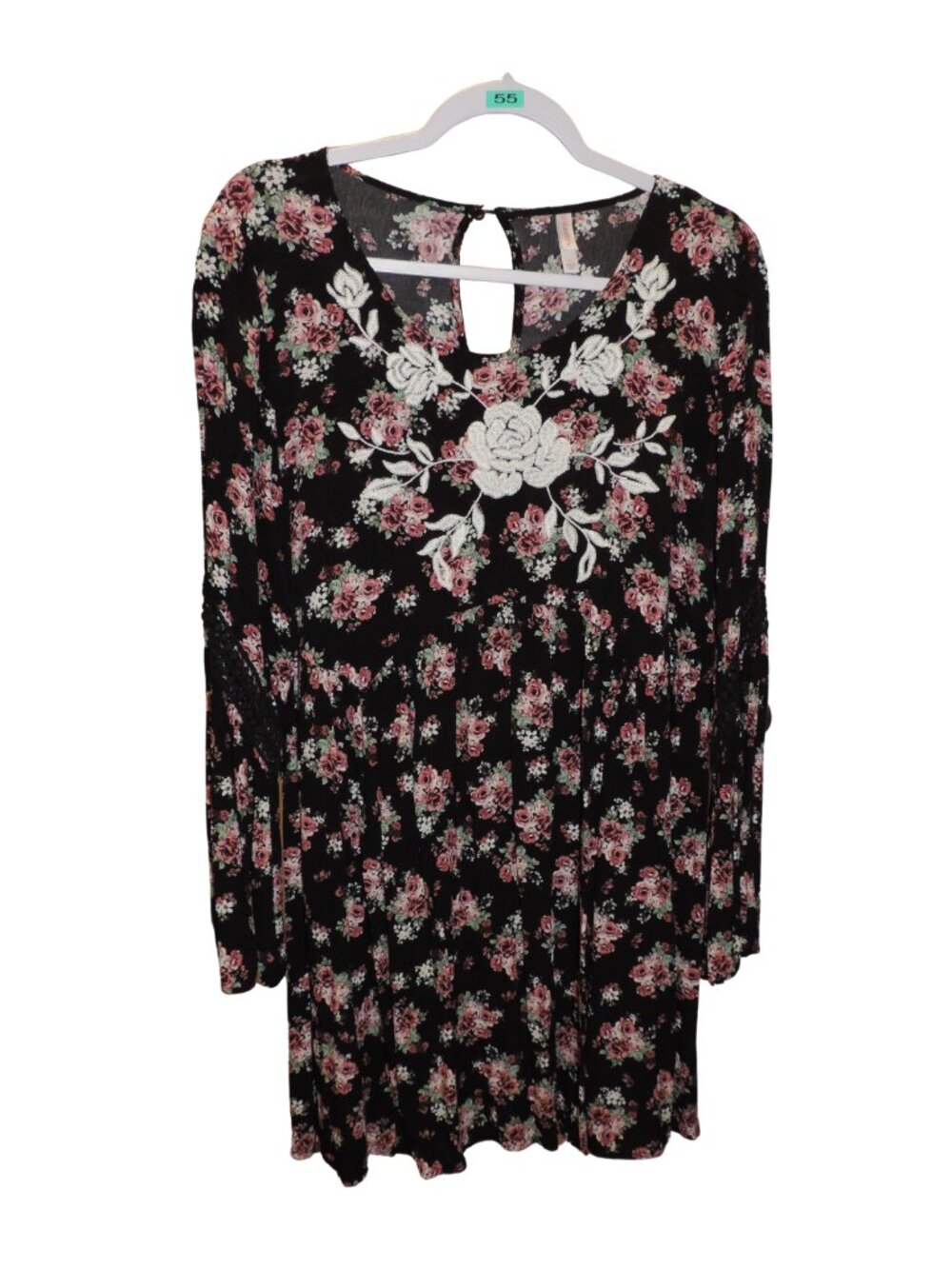 Xhilaration Black Floral Long-Sleeve Dress with White Embroidery